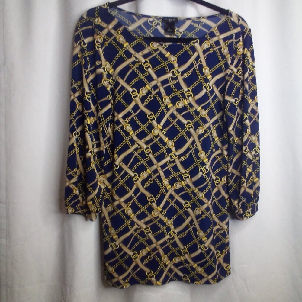 Ann Taylor Blouse Tunic S Women 3/4 Sleeve Chain Hook Pattern Blue Gold
